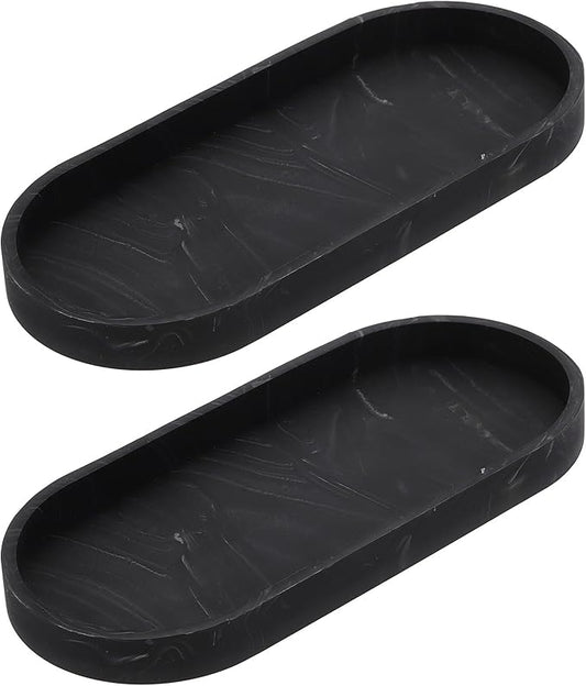 uxcell 2Pcs Bathroom Vanity Tray, 9.8" x 4" Oval Silicone Soap Dispenser Trays, Shatterproof Kitchen Sink Organizer for Soaps Keys Candle Trinket, Marble Black
