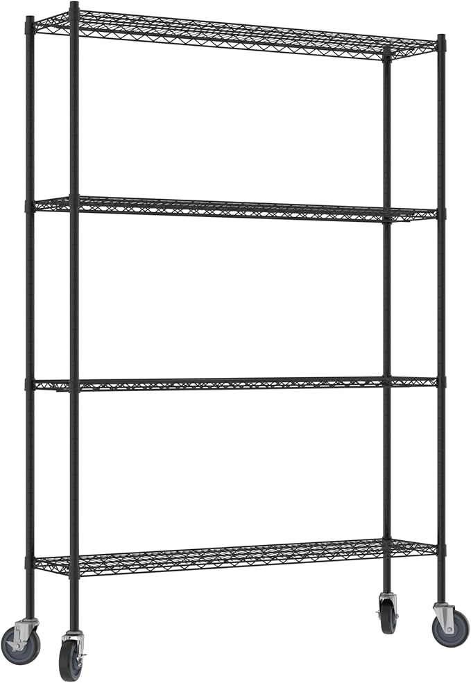 Commercial NSF Listed Black Epoxy Mobile Wire Shelving Kit 14" x 54" x 80", with 4 Shelves Perfect for Warehouse, Walk-in Refrigerator, Freezer, Grocery Store, Restaurant, Dishroom