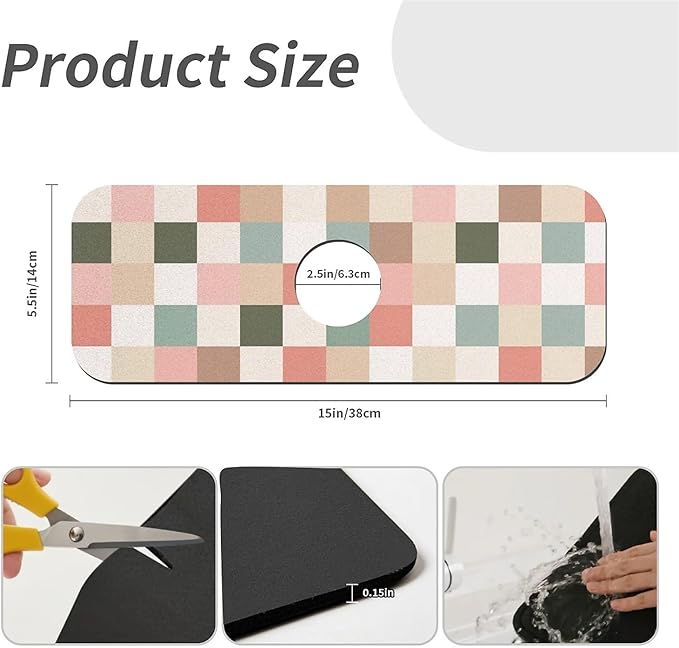 Kitchen Sink Splash Guard，Beige pink green checkered Faucet Mat Sink Gadgets-Super Absorbent Fast Drying Mat Drip Catcher for Kitchen, Bathroom,Sink Mat, Dish Drying Mat, Bathroom(15" X 5.5" )