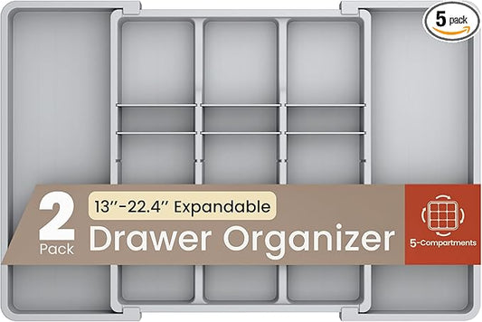 Gray Expandable Utensil Drawer Organizer 2 Pack, Adjustable 13” to 22.4”, 5 Compartment Silverware Organizer for Kitchen Utensils, Spatulas, Cutlery, and Tools, Easy to Clean, Durable, and BPA-Free