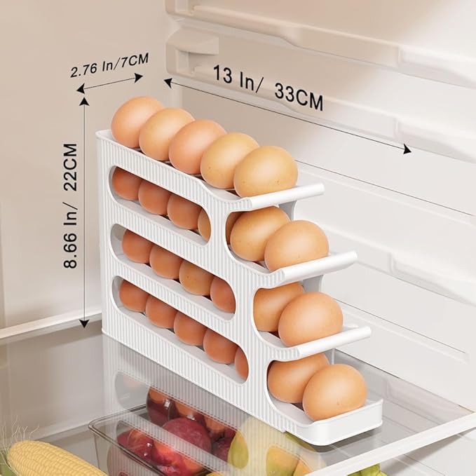 Egg Holder for Fridge, 4 Tiers Auto Rolling Egg Storage Organizer for Refrigerator, Slim Space Saving Container, Dispenser - Egg Roller for Eggs 24 Count