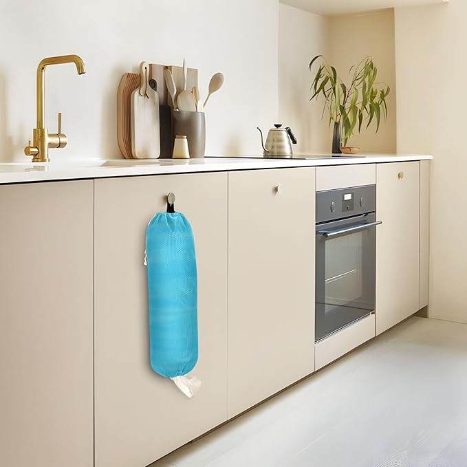 1 PC Plastic Bag Holder Wall Mount for Grocery, Shopping, and Trash Storage - Kitchen Closet Organizer Dispenser, 22 x 9 Inch, Sky Blue