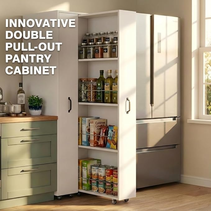 Double Pull Out Pantry Cabinet with Wheels, Slim Rolling Storage Cart for Kitchen, Freestanding 4-Tier Dual Slide Out Organizer for Laundry Room, Space Saving Wood Rack with Guardrails, 62"H White