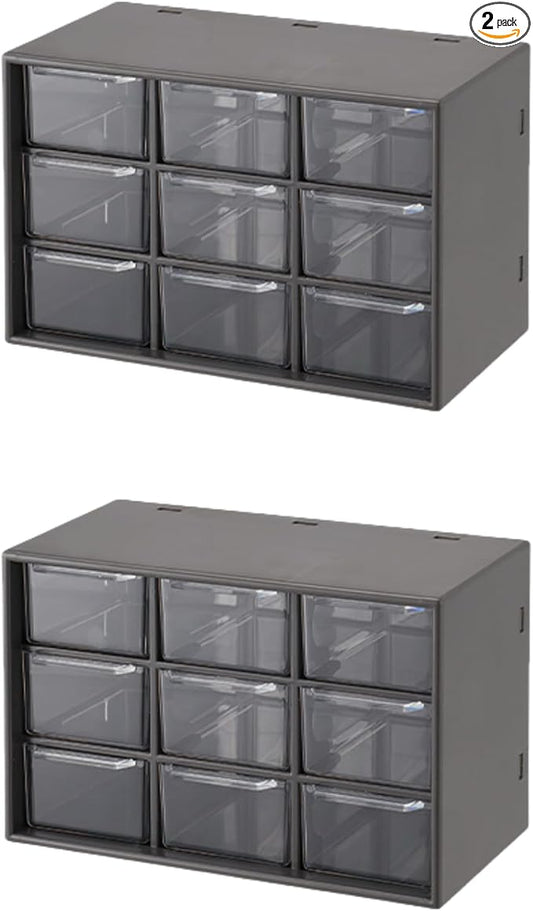 Feadily 2PCS Small Drawer Organizer for Desk, Desktop Drawer Organizer with 9 Clear Drawers, Plastic Desktop Storage Drawers 7.1 Inch x 3 .9 Inch x 4.7 Inch, Black