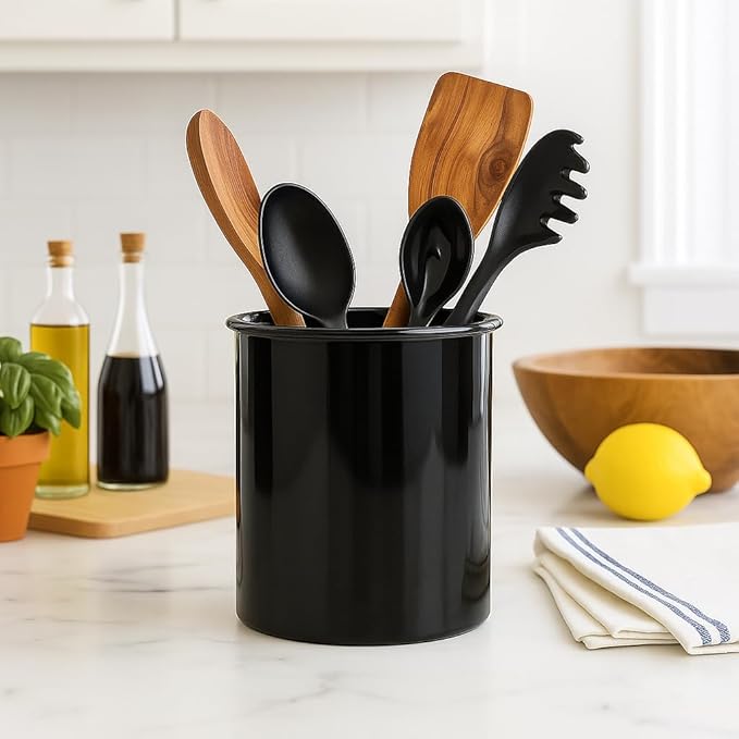 Reston Lloyd Extra-Large Multipurpose Utensil Crock for – BPA-Free Plastic Kitchen Tool Holder for Countertop, Camping, RV, Craft Desk, Wine Cooler, Garden, Patio Organizer - Black