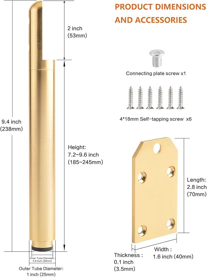4 Pack Adjustable Table Legs Brackets Gold 7.2-9.6 Inch Desk Risers Legs for Furniture Replacement Nightstand Legs Coffee Table Support Feet Height Extenders