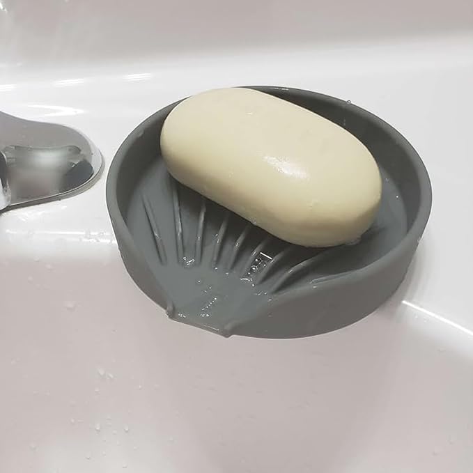 Self Draining Soap Dish, Silicone Soap Holder with Suction Cup and Drain Spout, Kitchen Bathroom Sink Organizer, Dish Soap Bar Tray Savers Sponge Holder, Perfect for Dispenser, Scrubber, Bottle, Cup