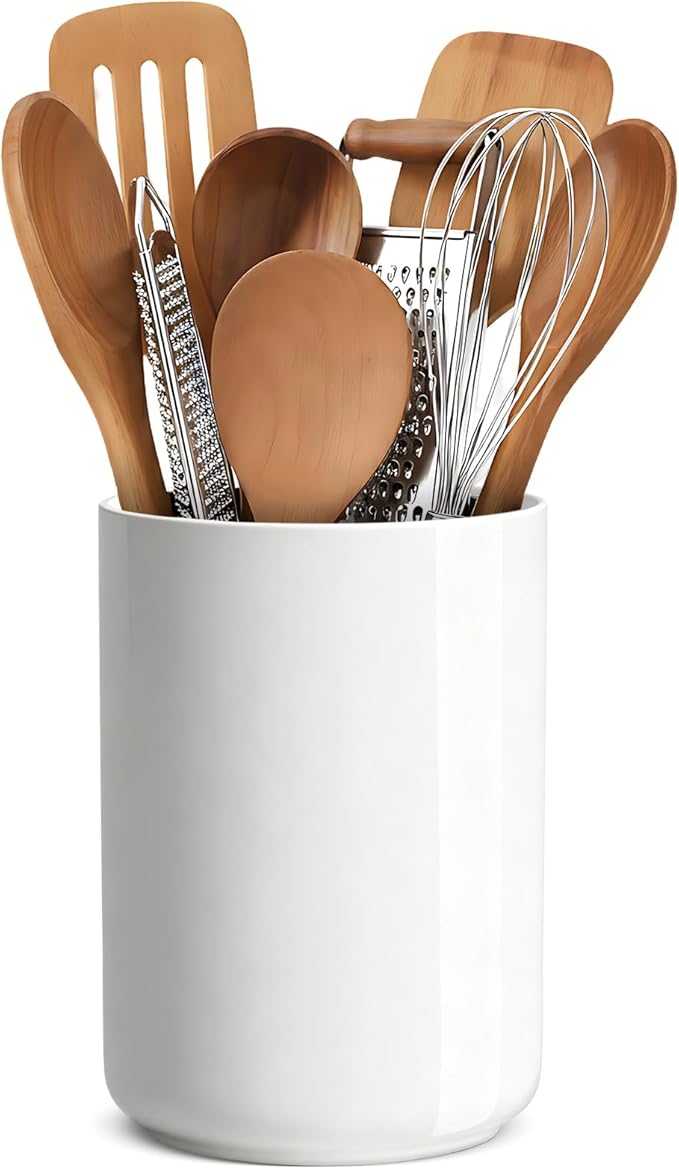 Utensil Holder,Ceramic Utensil Holder for Kitchen Counter,Large Cooking Utensil Crocks for Kitchen Counter Decor,Morden Utensil Organizer,Ceramic Vase,H6.3 xD4.7(Pure White)