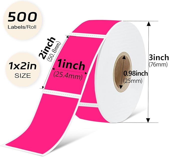 PALAIBEIQI 1x2 Inch Thermal Labels,500PCS Rectangle Stickers,Waterproof Removable Blank Stickers for Address,Jars,Freezer Containers & Pantry Organization,Fluorescent Pink