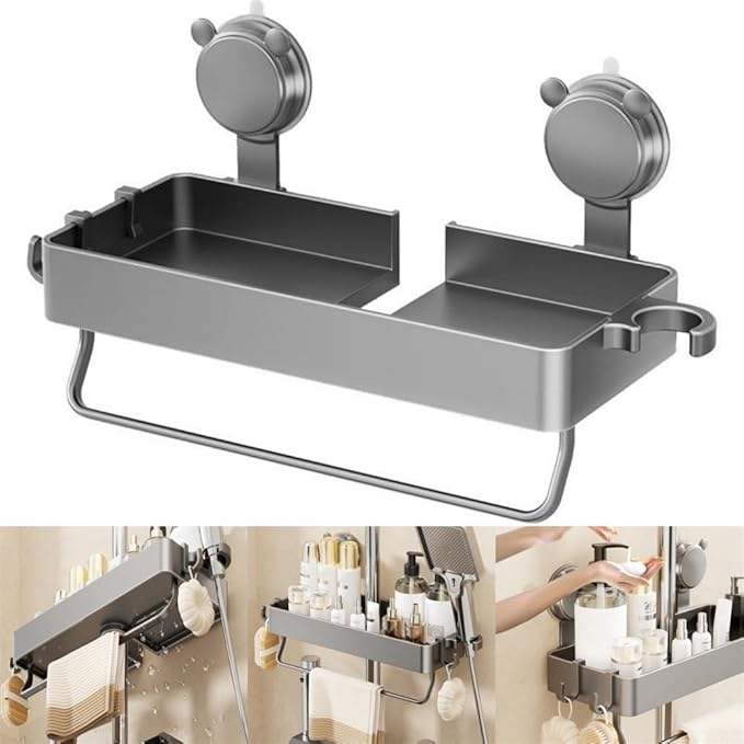 Shower Holder for Soap and Bath Essentials, Suction Cup Wall-Mounted Organizer with Ventilated Design, 30x12.5x4.5cm Plastic Storage Tray for Bathroom or Kitchen Use, Grey
