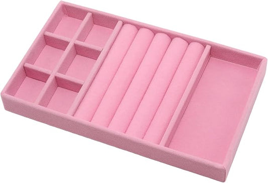 Velvet Jewelry Organizer Trays Pink Stackable Jewelry Storage Display Tray with Removable Dividers, 3-in-1