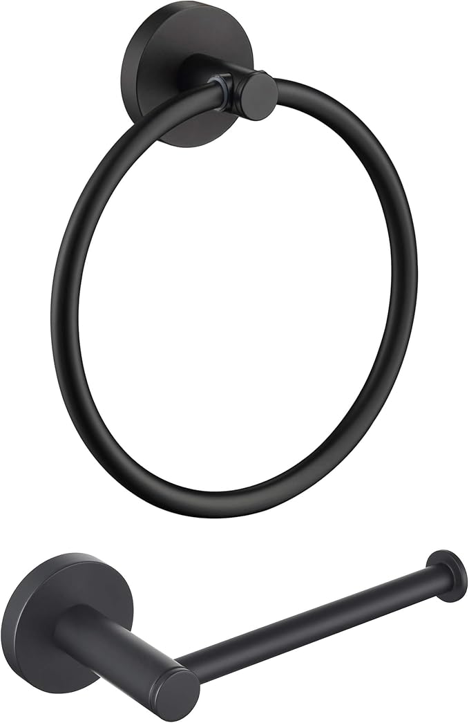 KIBI Toilet Paper Holder and Towel Ring Set | Matte Black Finish Bathroom Hardware Set, Wall Mounted Hand Towel Holder and Towel Hanger | Solid Brass Construction, C-KBA14-2-2