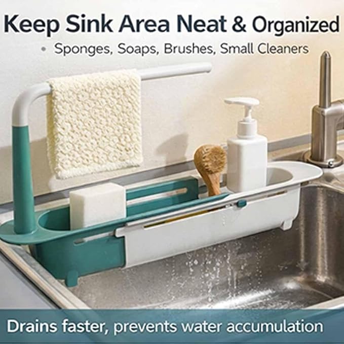 Updated Telescopic Sink Storage Rack, Dish Drying Rack over the Sink, Expandable Slim Drain Basket, Multifunctional Caddy Adjustable Kitchen Sponge Holder, for Counter Space Bathroom (1 PCS-Yellow)