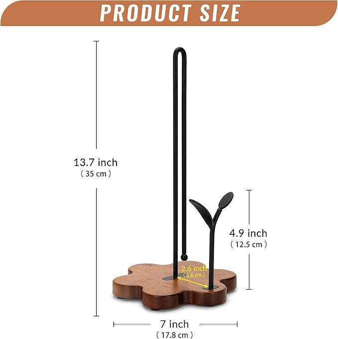 Wood Paper Towel Holder Countertop, Floral Base with Leaf-Shaped Accent Iron Rods, Easy Tear Farmhouse Kitchen Towel Holder for Dining Table