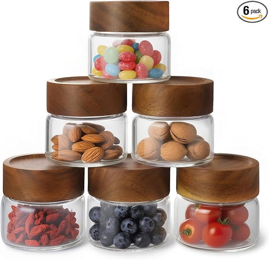 6-Pack 4 oz Stackable Airtight Glass Canisters with Acacia Lids - Small Mason Jars for Overnight Oats, Spice Storage, Herb Keepers, Pantry Organization and Dry Food Storage