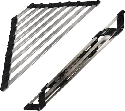Triangle Dish Drying Rack for Sink Corner Roll Up Dish Drying Rack Folding Stainless Steel Multipurpose Over the Sink Corner Dish Drainer Mat for Kitchen (Hard and Stable Black)