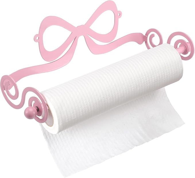 LemonRoad Valentine's Day Pink Bow Wall Mount Paper Towel Roll Holder Metal Coquettish Pink Kitchen Accessories Toilet Paper Towels Holder Bathroom Countertop Decor Valentines Housewarming Gift