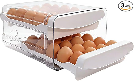 Egg Holder for Refrigerator 2 Tier Clear Stackable Egg Tray with Drawer Space Saving Eggs Storage Container with Handles for Countertop Kitchen Baking (40 Eggs)