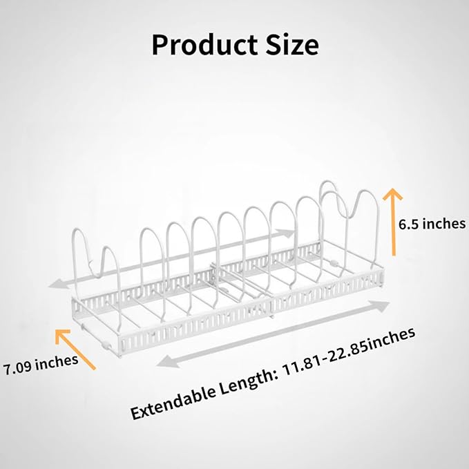 Expandable Under Cabinet Organizer Rack for Pots, Pans, Lids & Bakeware - Adjustable 10-Compartment Kitchen Storage Holder for Cabinet Door, Fits Cutting Boards, White, Expandable 11.81''-22.85''
