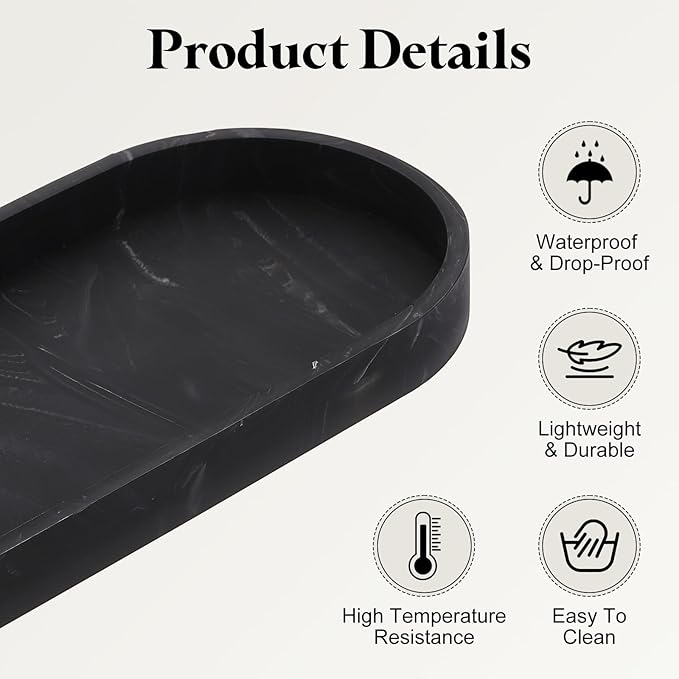 uxcell 2Pcs Bathroom Vanity Tray, 9.8" x 4" Oval Silicone Soap Dispenser Trays, Shatterproof Kitchen Sink Organizer for Soaps Keys Candle Trinket, Marble Black