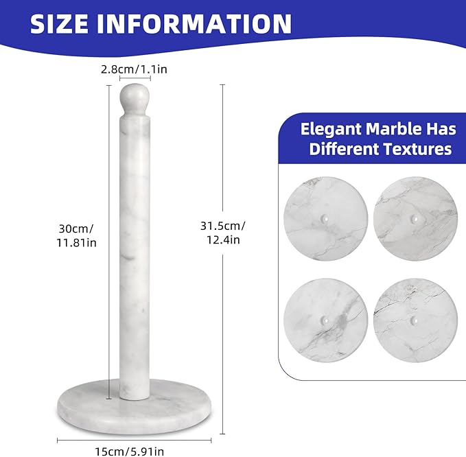 Handmade Marble Paper Towel Holder - 12" Upright Paper Roll Dispenser with Heavy Non-Slip Base for Easy One-Handed Tear - Ideal for Kitchen Countertops, Cabinets, and Bathrooms-White & Light Grey…