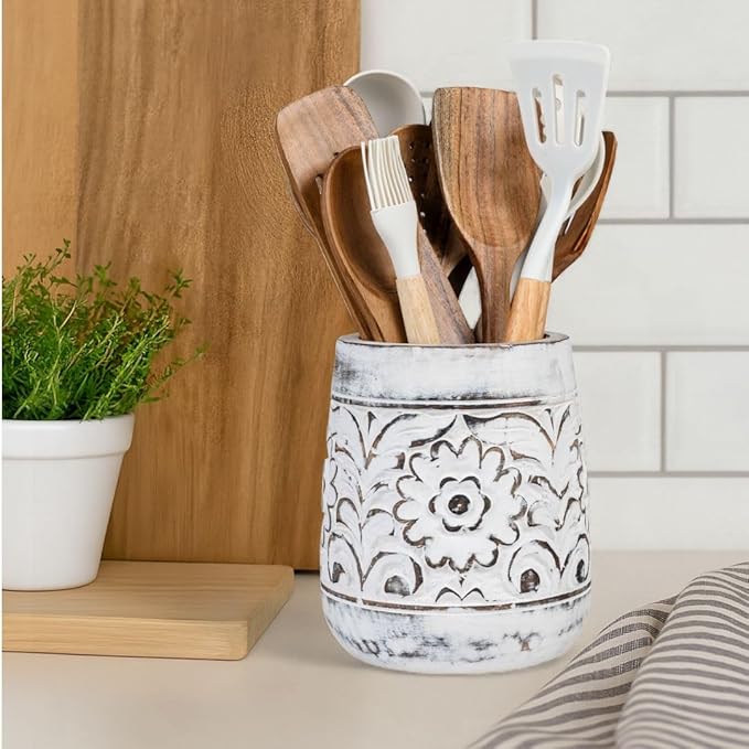 Mie Creations Farmhouse 7'' Large Utensil Holder for Kitchen Counter, Handcarved Wooden Utensils Crock | Decorative Floral Vintage Utensil Holder, Shabby Chic Cooking Organizer - Distressed White