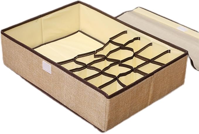 FACELESS Cotton and Linen Fabric Storage Box, Foldable with Lid, Dust-Proof, Drawer Style Partition, Underwear and Socks Storage (Grey+Beige-(17 grids), 17.72X11.42X4.72 IN)