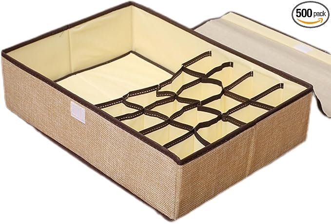 FACELESS Cotton and Linen Fabric Storage Box, Foldable with Lid, Dust-Proof, Drawer Style Partition, Underwear and Socks Storage (Beige -17 grids, 17.72X11.42X4.72 IN)