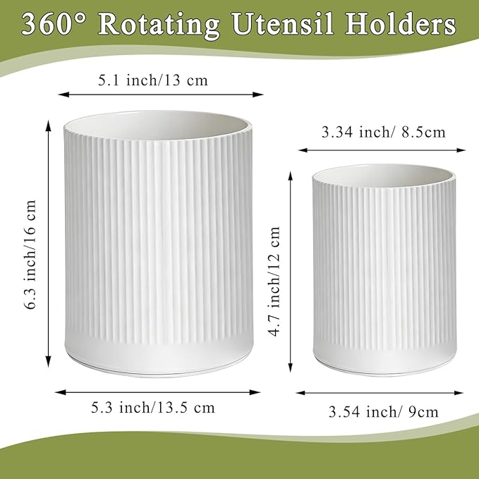 HOMQUEN 360° Rotating Utensil Holder, 6.3''+4.7'' Plastic Kitchen Utensil Holder for Countertop, Large Cooking Utensil Crocks for Kitchen Decor, Utensil Organizer for Spatula, Set of 2 (White)