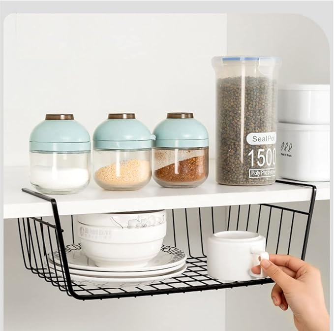 Under Shelf Storage Basket, Hanging Shelf Basket Slides Under Shelves for Storage Metal Under Cabinet Shelf Basket Organizer for Kitchen Pantry Desk Bookshelf (Black Pack of 4)
