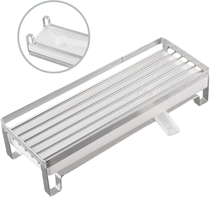 Sink Caddy Organizer, Stainless Steel Kitchen Sponge Holder, Silver, Auto-Drain Design, Countertop Storage Shelf, 9.6x3.3x2.1 Inches