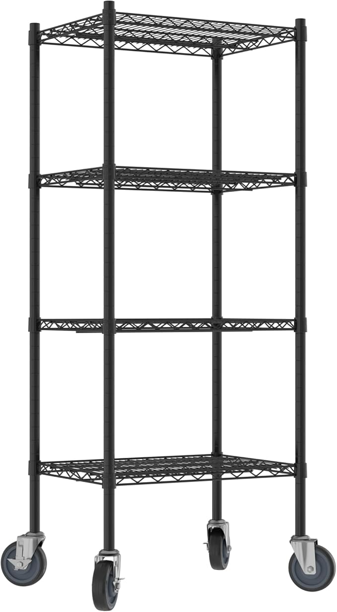 Commercial NSF Listed Black Epoxy Mobile Wire Shelving Kit 18" x 24" x 60", with 4 Shelves Perfect for Warehouse, Walk-in Refrigerator, Freezer, Grocery Store, Restaurant, Dishroom