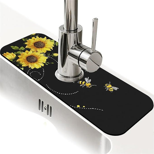 Kitchen Sink Splash Guard，sunflowers-and bees- Faucet Mat Sink Gadgets-Super Absorbent Fast Drying Mat Drip Catcher for Kitchen, Bathroom,Sink Mat, Dish Drying Mat, Bathroom(15" X 5.5" )
