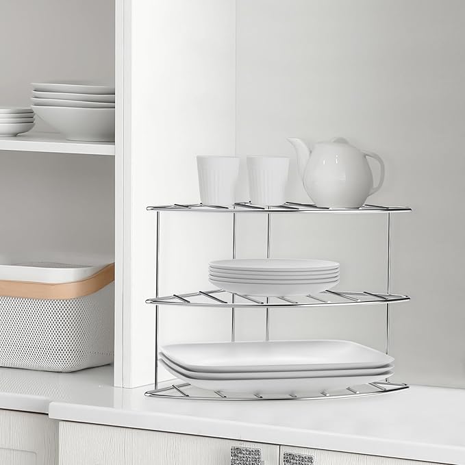 3-Tier Kitchen Details Corner Shelf Organizer | Cabinet & Countertop Storage | Plates | Cups | Bowls (2, Chrome)