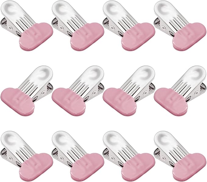 PHITUODA 12 Pack Chip Bag Clips with Silicone Edges, 1.5 Inches Wide Chip Clips Food Clips Bag Clips Stainless Steel Food Bag Clips - Air Tight Seal, Heavy Duty for Kitchen and Office, Pink