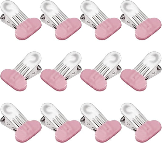 PHITUODA 12 Pack Chip Bag Clips with Silicone Edges, 1.5 Inches Wide Chip Clips Food Clips Bag Clips Stainless Steel Food Bag Clips - Air Tight Seal, Heavy Duty for Kitchen and Office, Pink