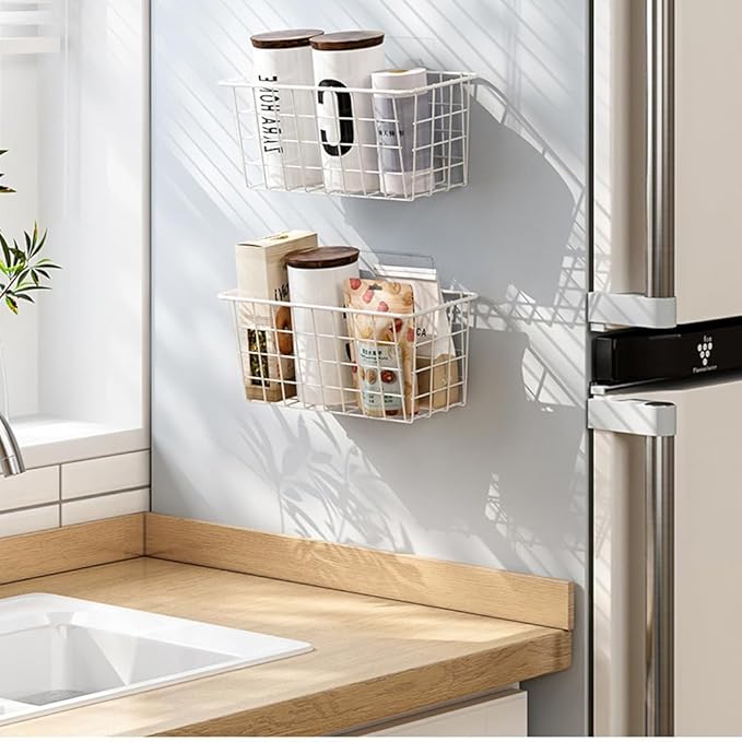 Deertaip Adhesive Basket Wall Wire Basket Over the Cabinet Door Organizer No Drilling Mounted 4 Pack, White