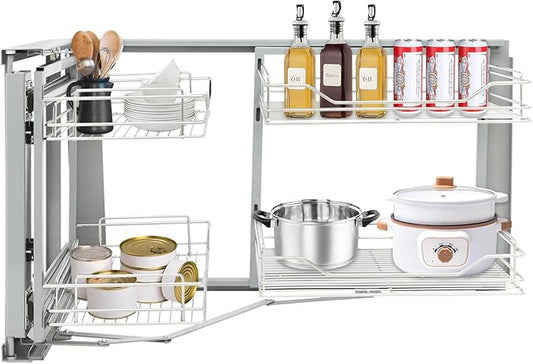 Blind Corner Cabinet, 2-Tier Pull Out Cabinet Stainless Steel Slide Out with 4 Detachable Baskets, Universal Mount Right or Left Soft Close Corner Kitchen Organizer