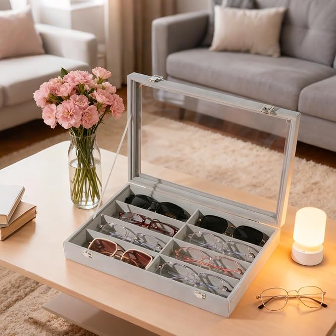 Glasses Holder Box Drawer Sunglass Organizer for Men Clear Wide Storage Case 8 Slots Multiple Reading Glasses Display, Gray Velvet With Clear Glass Lid