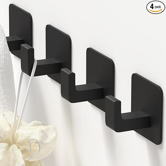 GWAAZXGZ Square Self Adhesive Towel Hooks - 4 Pack Matte Black Metal Hooks, Right-Angle Design for Towels, Robes & Hats, Organize Bathroom, Kitchen, Entryway, Doors, Cabinets on Smooth Surfaces | Square, Right-Angle Design, for Towels, Robes & Hats, Or...