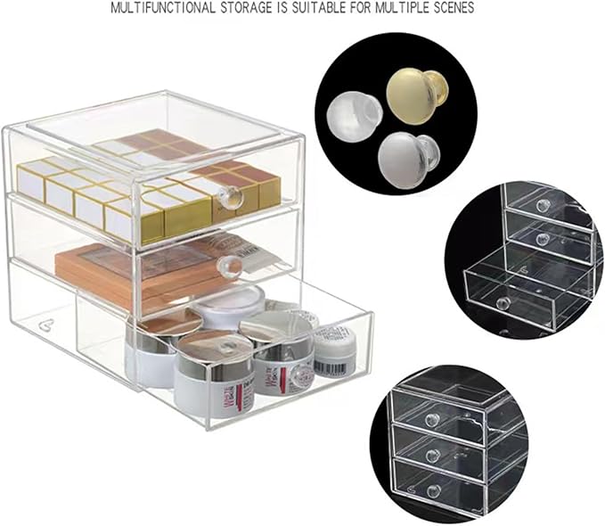 Makeup Drawer Organizer Box with 3 Drawers, Acrylic Cosmetic Display Case Vanity Organizer Jewelry Storage Box Stackable Storage for Cosmetics, Skin Care, Bathroom, Countertop, Gold Handle
