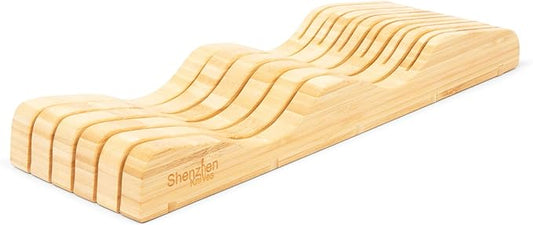 Shenzhen Knives Large In-Drawer Bamboo Knife Block: 11 Slot (Holds 10-12 Knives) Empty Wooden Knife Holder for Kitchen Drawers - Cutlery Tray Organizer & Storage
