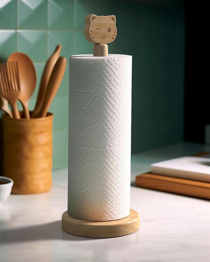 Cute Wooden Paper Towel Holder Stand - Kitchen Paper Hanger Rack Bathroom Towel Roll Stand Organizer Simply Standing Countertop Paper Roll Holder, Cat