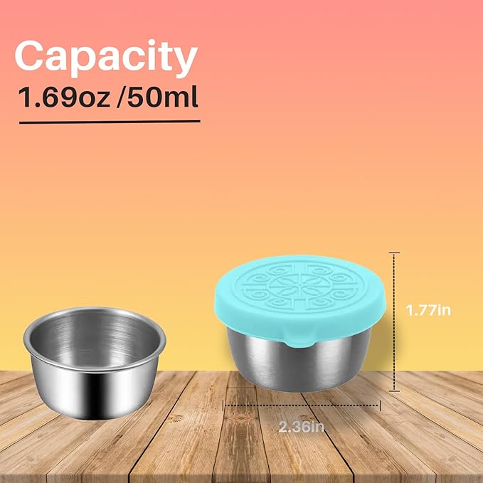 Pack of 6 Salad Dressing Container To Go: Small Condiment Containers with Lids, Reusable Stainless Steel Sauce Cups, Leakproof Silicone Lids for Bento Box, Picnic and Travel (Teal - 1.69oz)