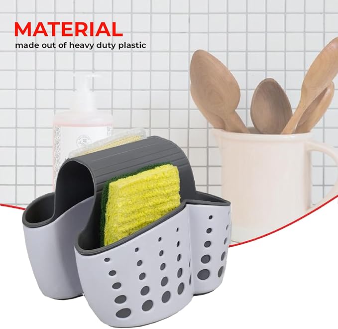 Kitchen Sink Caddy - Silicone Plastic Soap Sponge Holder - BPA-free Rack - Faucet Caddy with Drain Holes for Drying - Adjustable Hanging Strap (White Double)
