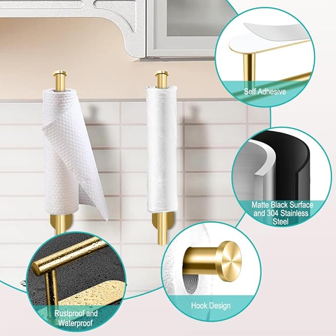 MGahyi Paper Towel Holder Wall Mount, Self Adhesive Or Drilling Paper Towel Holder Under Cabinet, 13.2 inch Stainless Steel Kitchen Paper Towel Roll Rack, Bathroom Towel Roll Hanger(Gold, Rectangle)