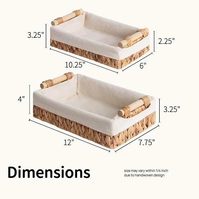 Water Hyacinth Woven Storage Baskets with Wooden Handles, Natural Decorative Organizer Bins with Liner for Bathroom, Countertop, Shelf & Toilet Tank – Set of 2