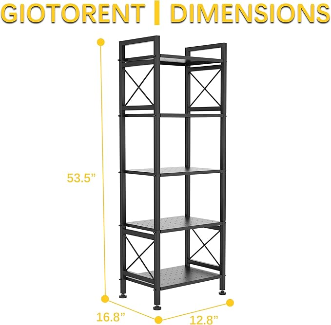 GIOTORENT 5-Tier Industrial Metal Bookcase, Narrow Bookshelf for Bedroom & Living Room - Tall Storage Shelf for Books Movies CDs, 16.8" W x 12.8" D x 53.8H, Black