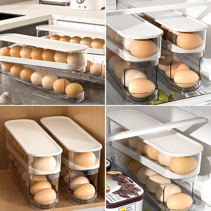 2 pcs Egg Rolling Carousel for Refrigerator, Stackable Egg Holder with Lid, Fridge Organizer and Storage Container