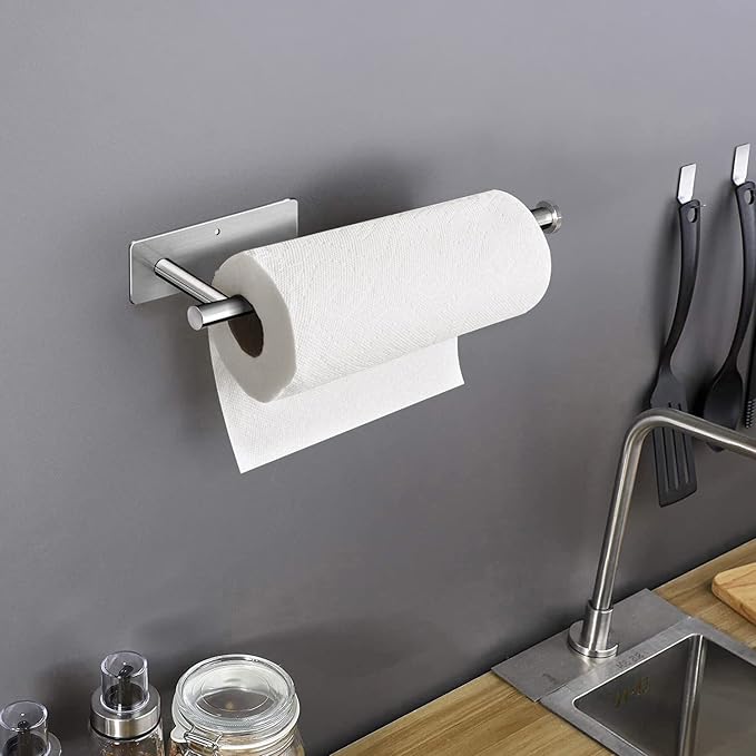Paper Towel Holder Under Cabinet, Self Adhesive Paper Towel Roll Holder Stick on Wall, Stainless Steel Paper Towel Rack for Kitchen, Bathroom, RV